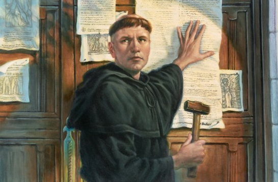 Illustration of Martin Luther placing a document on a door